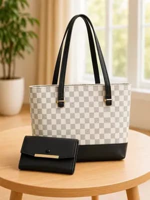 Women's Checkered Leather Handbag Set White