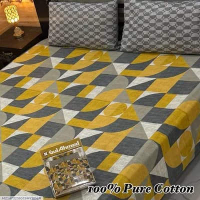 100% Pure Cotton Double Bedsheet Set Yellow Grey
