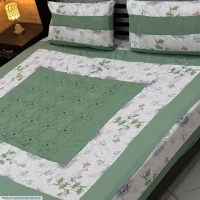 Green Patchwork Cotton Bedsheet Set for Double Bed