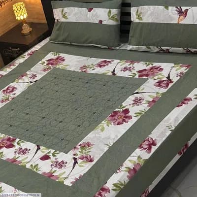 Double Bedsheet Green Floral Embroidered Patchwork 3 Pcs