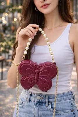 Maroon Butterfly Mini Bag for Girls with Pearl & Gold Beads