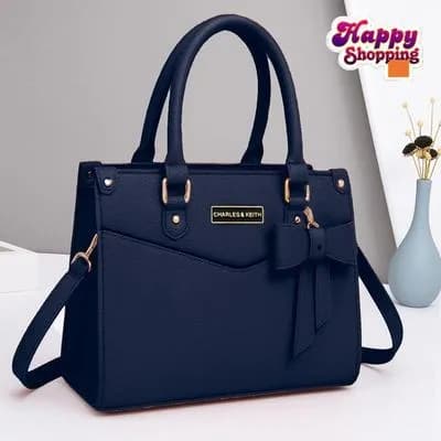 Navy Blue Leather Shoulder Bag for Women with Adjustable Strap