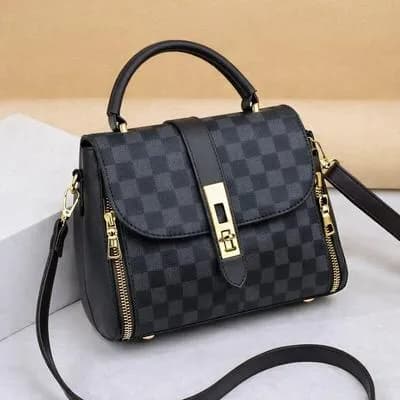 Black Checkered Gold Plated Shoulder Bag for Women