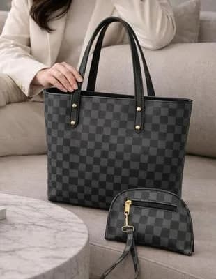 Women's Black Checkered Leather Handbag Set