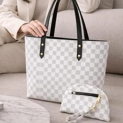 Women's White Checkered Leather Handbag Set 2 Pcs