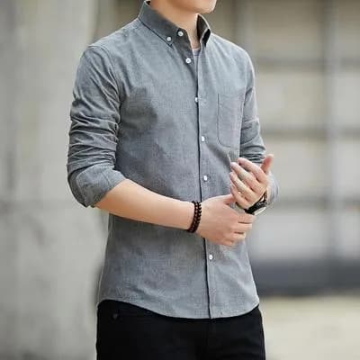 Men Cotton Button Down Shirt Grey Regular Fit