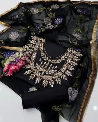Black Galla Embroidered 3PC Dress With Beads & Organza Duppata