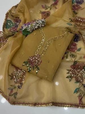 Golden Organza 3 Pcs Hand Work Es Suit Set