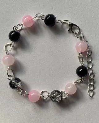 Women Adjustable Black Pink Beaded Chain Bracelet
