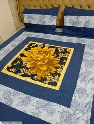 Blue Floral Patchwork Cotton Bedsheet Set for Double Bed
