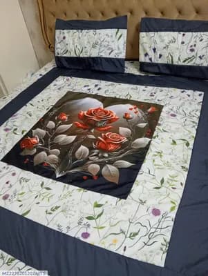 Cotton Patchwork Blue Rose Double Bedsheet Set 3 Pcs
