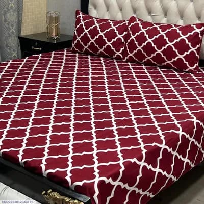 Red Crystal Cotton Double Bedsheet Set 3 Pcs