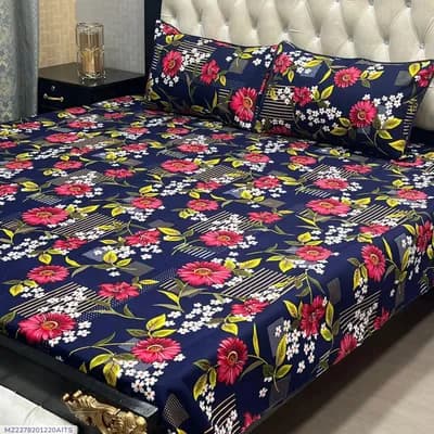 Crystal Cotton Printed Blue Double Bedsheet Set 3 Pcs