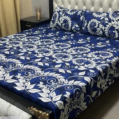 Blue Crystal Cotton Printed Double Bedsheet Set of 3