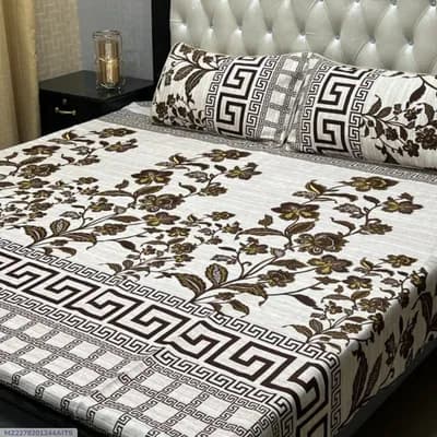 Crystal Cotton Printed Double Bedsheet Set Off White 3 Pcs