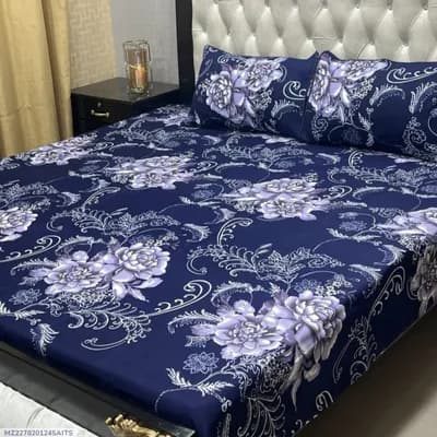 Blue Crystal Cotton Printed Double Bedsheet Set of 3