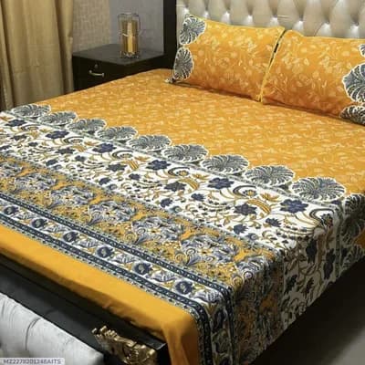 Crystal Cotton Printed Double Bedsheet Yellow 3 Pcs Set