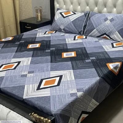 Crystal Cotton Printed Double Bedsheet Grey 3 Pcs Set