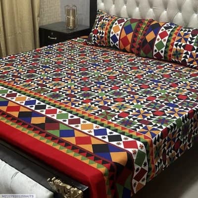 Crystal Cotton Multicolor Double Bedsheet Set 3 Pcs