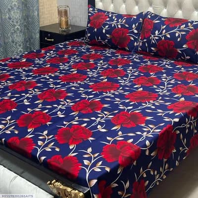 Crystal Cotton Printed Blue Double Bedsheet Set 3 Pcs
