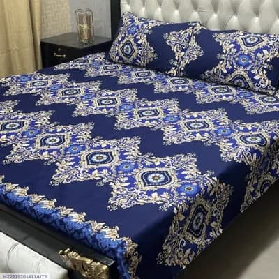 Blue Crystal Cotton Printed Double Bedsheet Set of 3