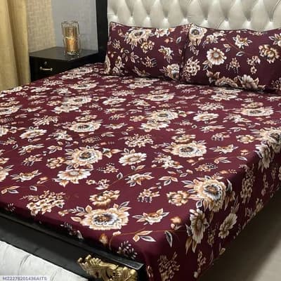 Crystal Cotton Printed Double Bedsheet Set Red 3 Pcs