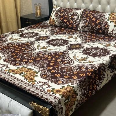 Crystal Cotton Printed Double Bedsheet Set Brown Floral Design