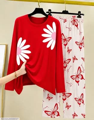 Women Red Printed Night Suit 2Pc Cotton Jersey