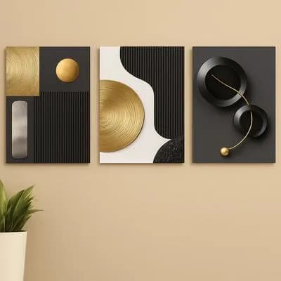 Modern Abstract Wall Art Set Black Gold MDF 3Pcs
