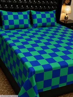 Green Blue Checkered Bedsheet Set for Double Bed