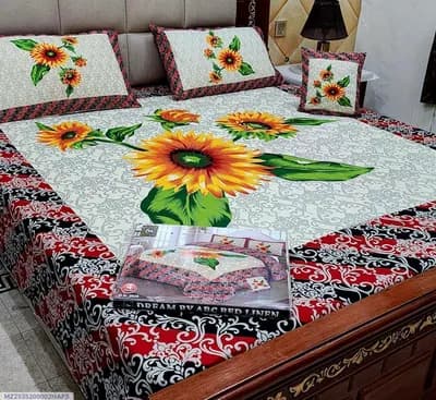 Crystal Cotton 3D Sunflower Bedsheet Set Double Bed Red