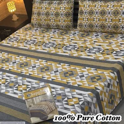 100% Pure Cotton Printed Bedsheet Set Double Bed Grey