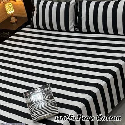 Double Bed Striped Cotton Bedsheet Set Black 3 Pcs