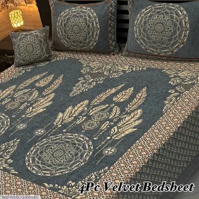 4 Pcs Velvet Jacquard Embroidered Double Bedsheet
