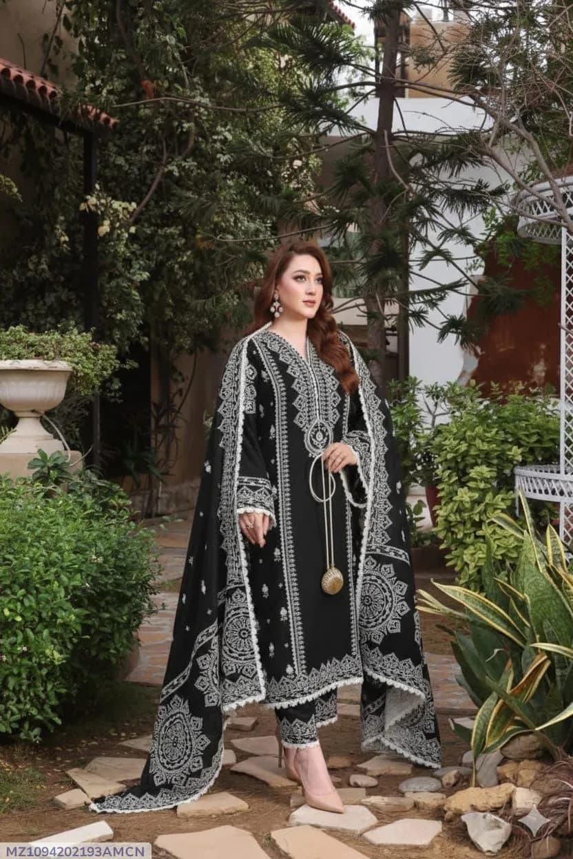 Black Embroidered Lawn 3Pcs Women Suit Set