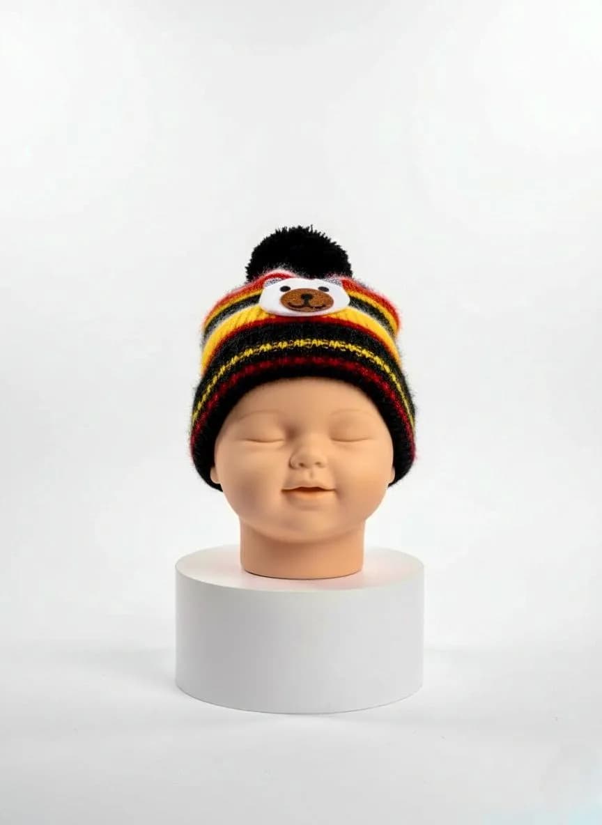 Wool Cap for Kids with Bear Face Striped Design