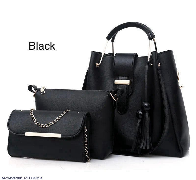 Black 3-Piece Rexine Handbag Set for Women