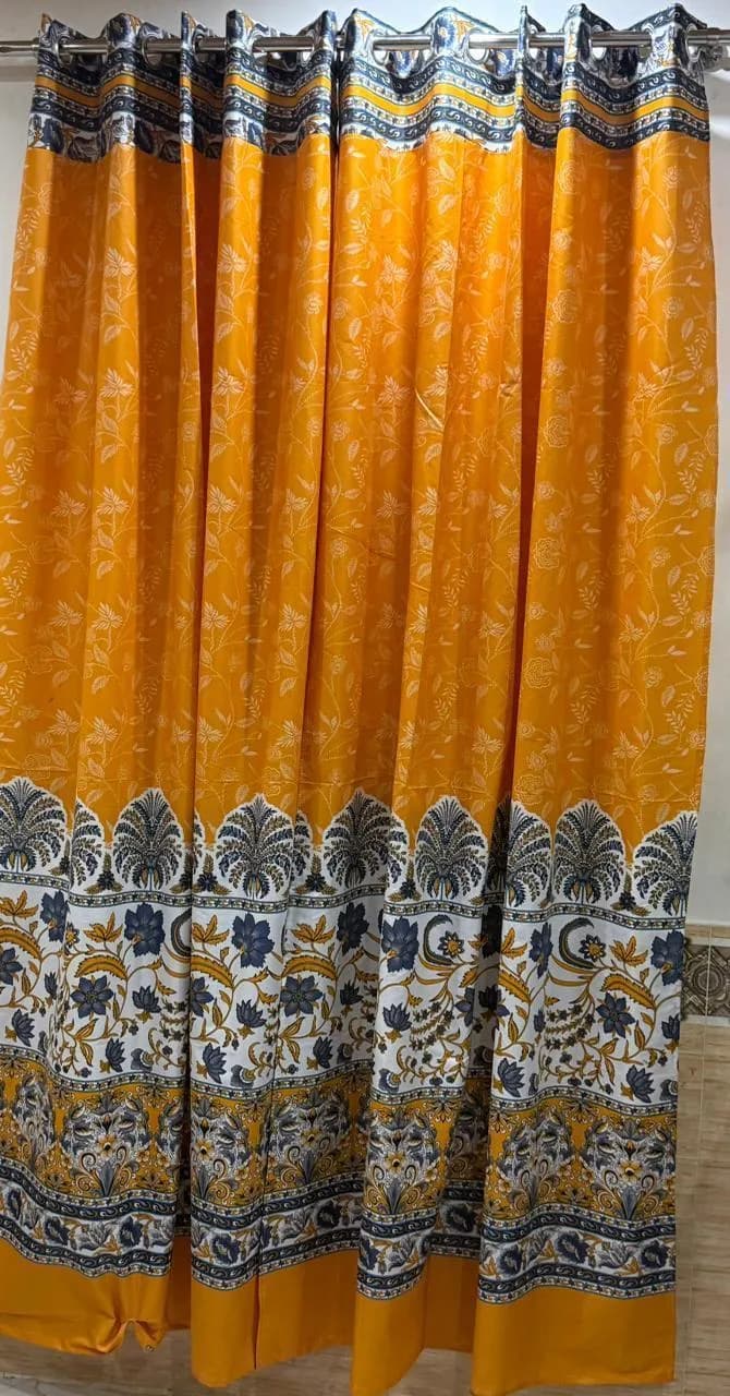 Yellow Printed Cotton Curtains 2 Pcs 100"