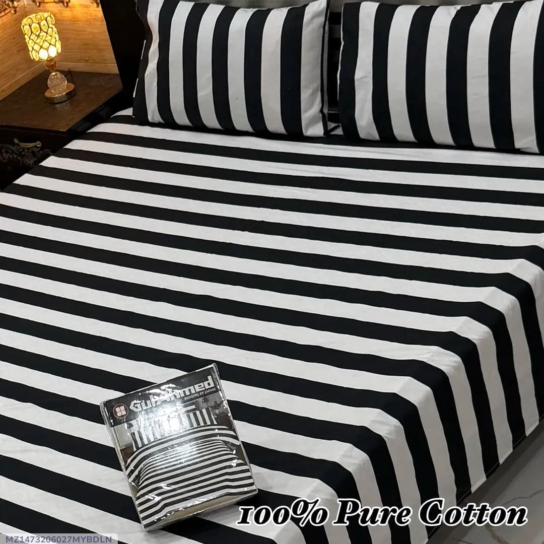 100% Pure Cotton Striped Bedsheet Set Double Bed Black