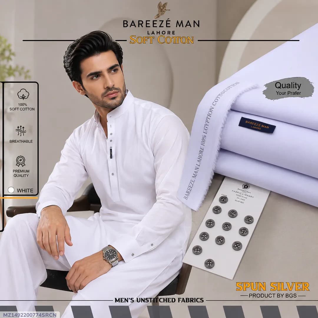 Men White Cotton Unstitched Suit Summer
