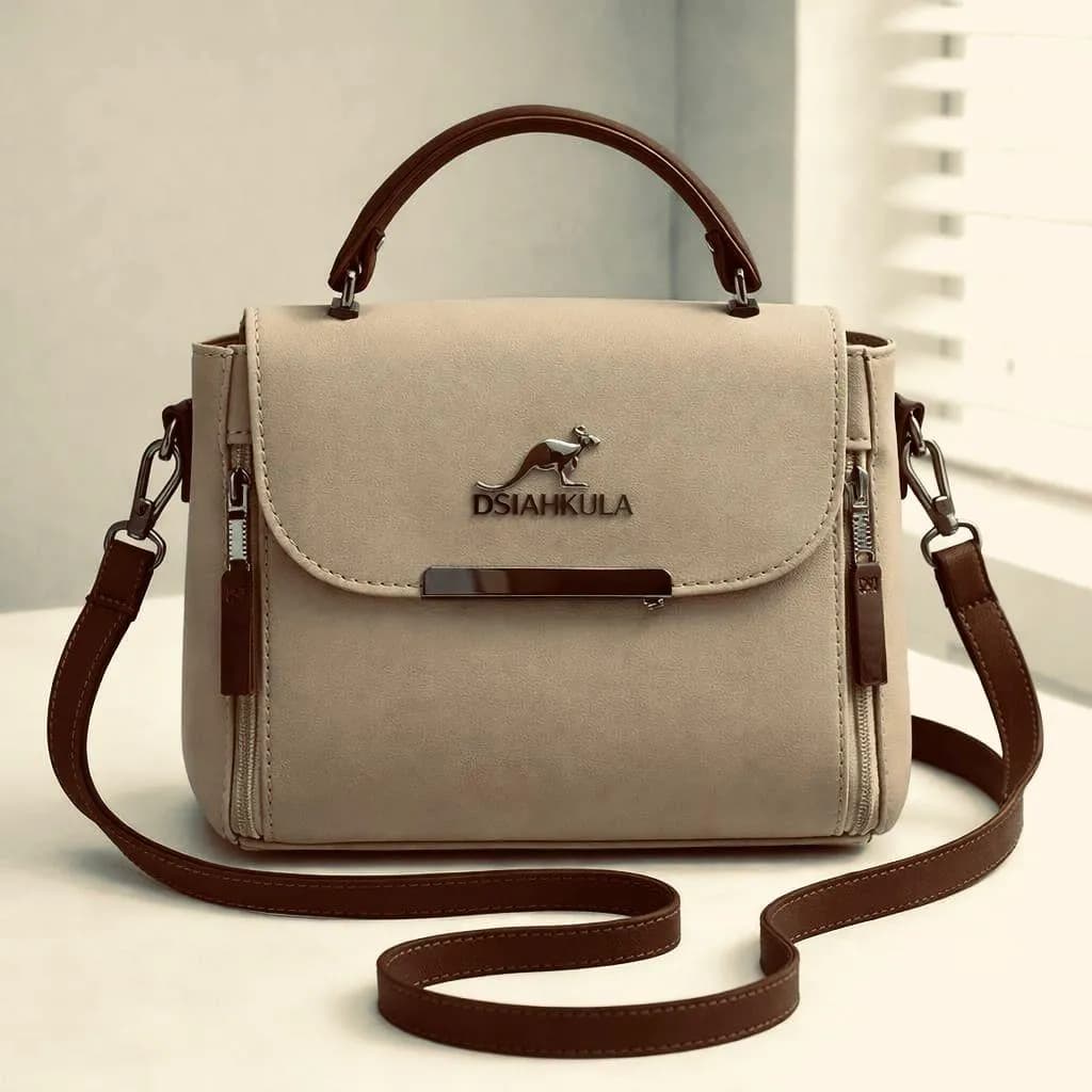 Beige Leather Crossbody Bag for Girls 8"