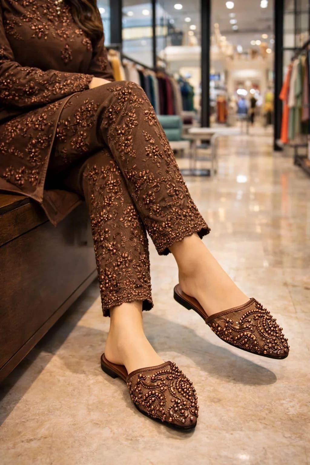 Brown Embroidered Women's Flat Slippers