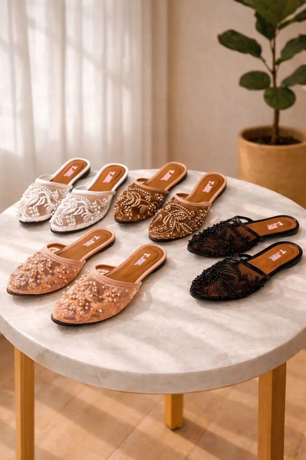 Brown Embroidered Women's Flat Slippers