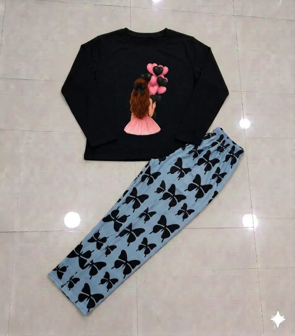 Black Butterfly Print Night Suit for Women