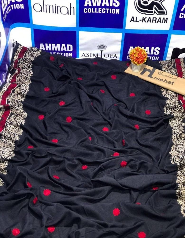 Swiss Lawn Shawl Red Floral Embroidery Black Base