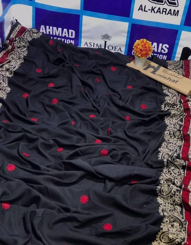 Swiss Lawn Shawl Red Floral Embroidery Black Base