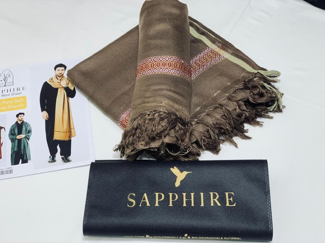 Men's Wool Shawl Brown Geometric Border 2.5 Gaz