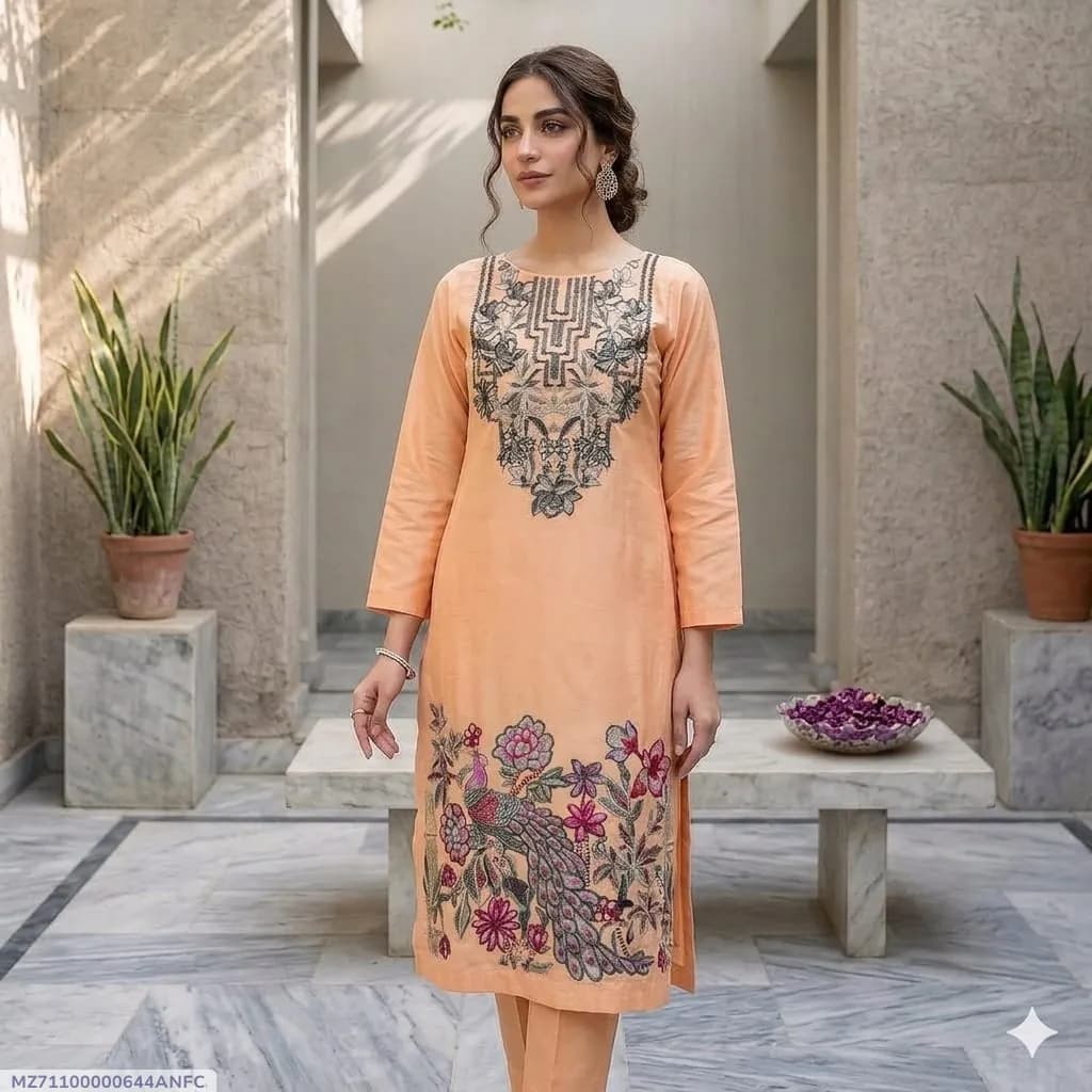 2 Pcs Women's Stitched Lawn Embroidered Shirt And Trouser - image 1