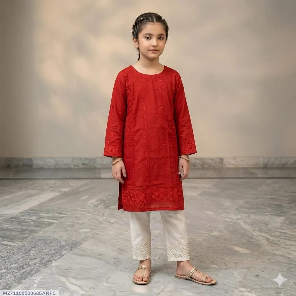 2 Pcs Girl's Arabic Lawn Embroidered Kurta And Pajama - image 1